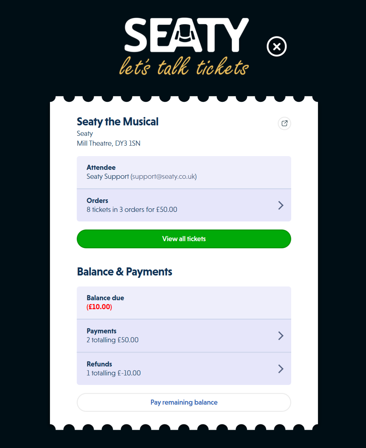 Event ticket summary showing attendee details, order count, ticket totals, balance and payment information