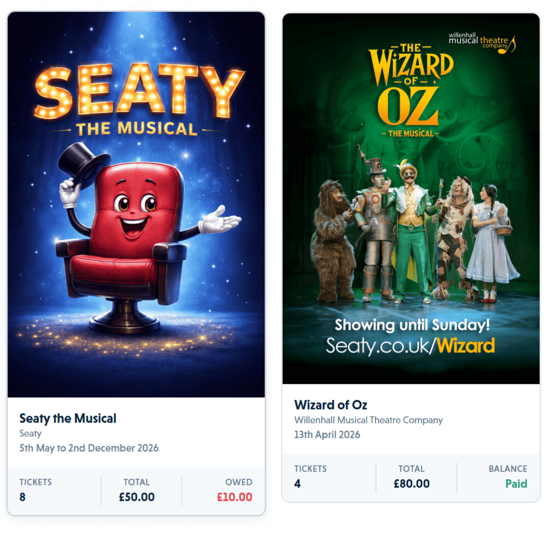 My Tickets page showing event cards with ticket counts, totals, and balance information for multiple events