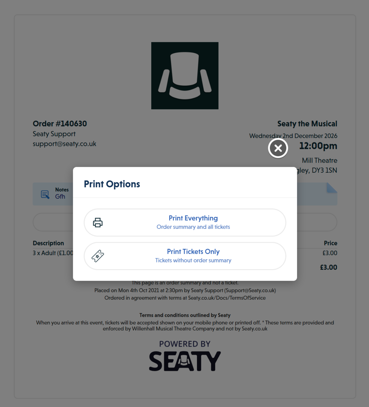Print options modal showing two choices: Print Everything for order summary and all tickets, or Print Tickets Only without order summary