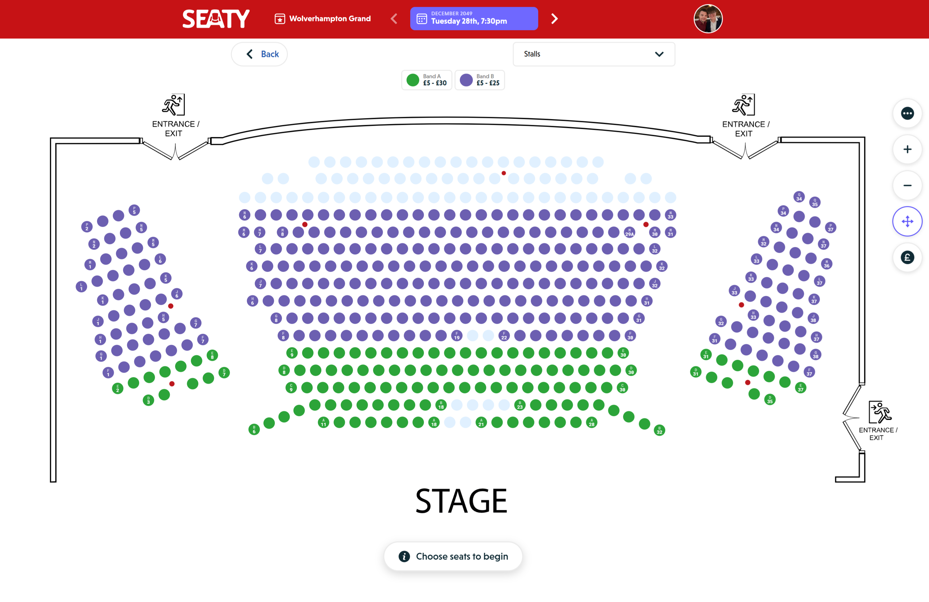 Interactive seating plan showing rows of seats with category colour coding, stage area, and zoom controls