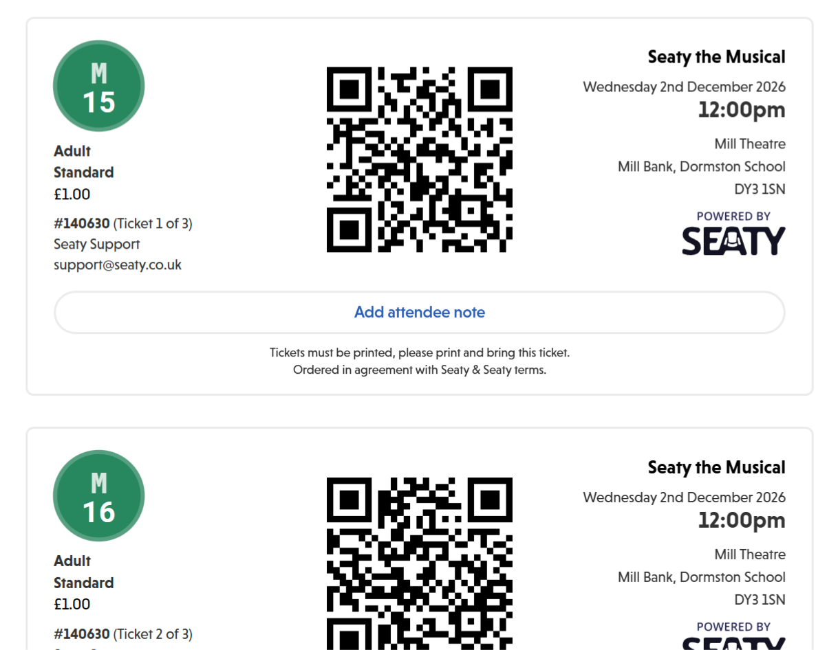 Individual tickets showing seat numbers, QR codes, event details, and venue information for each ticket in the order