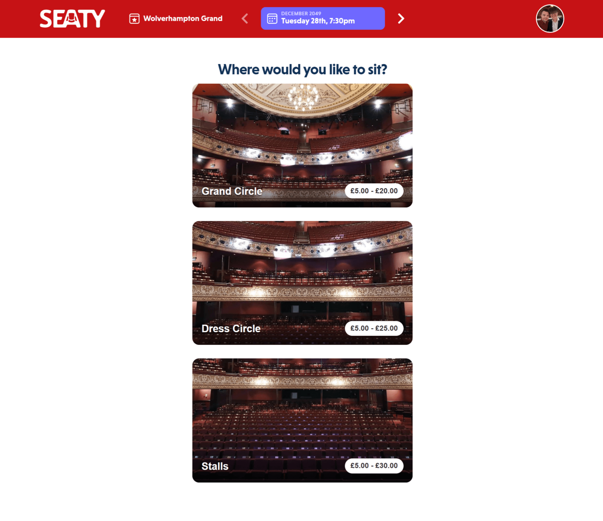 Ticket type selection showing Seated Tickets with price range and General Admission Tickets options