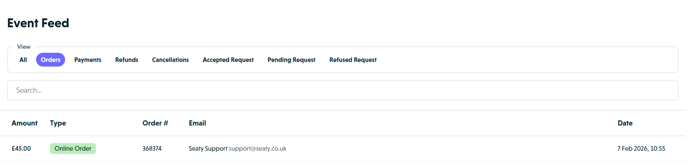 Feed showing order activity