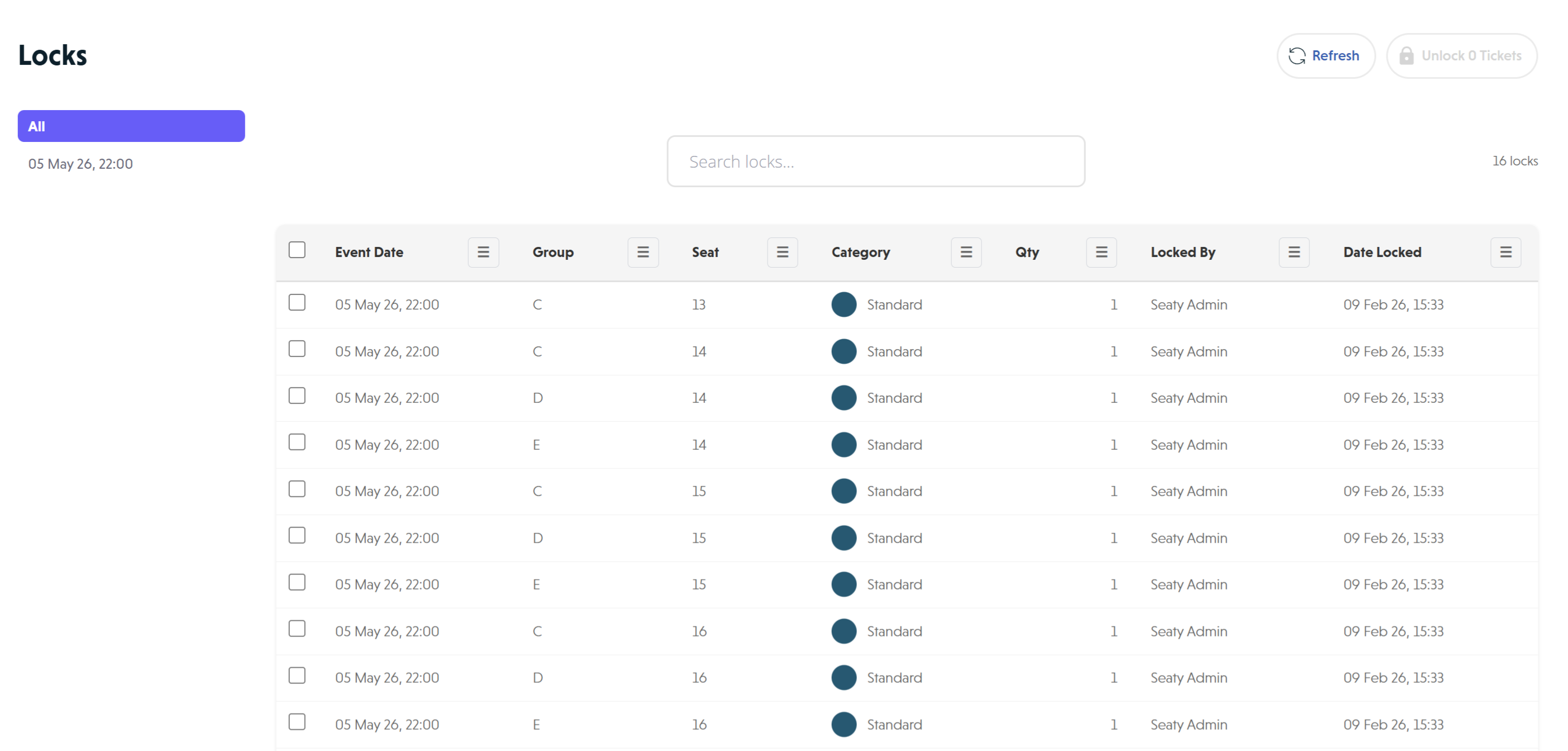 Locks page showing locked seats