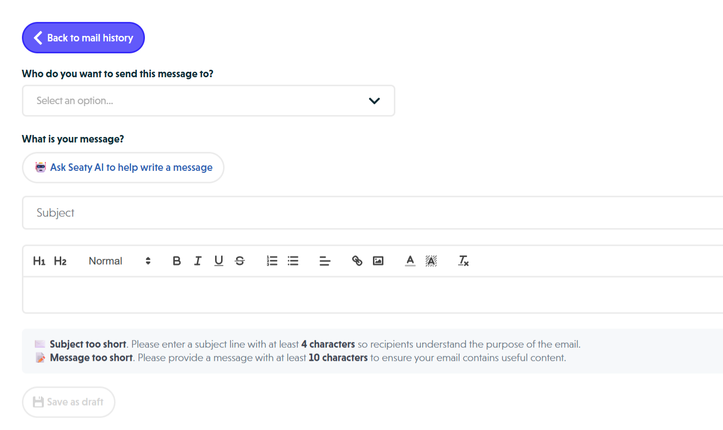 Empty compose form showing recipient dropdown, AI button, subject line, and rich text editor