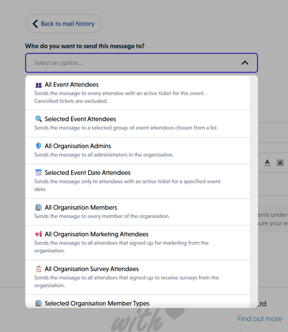 Recipient type dropdown showing all available recipient groups