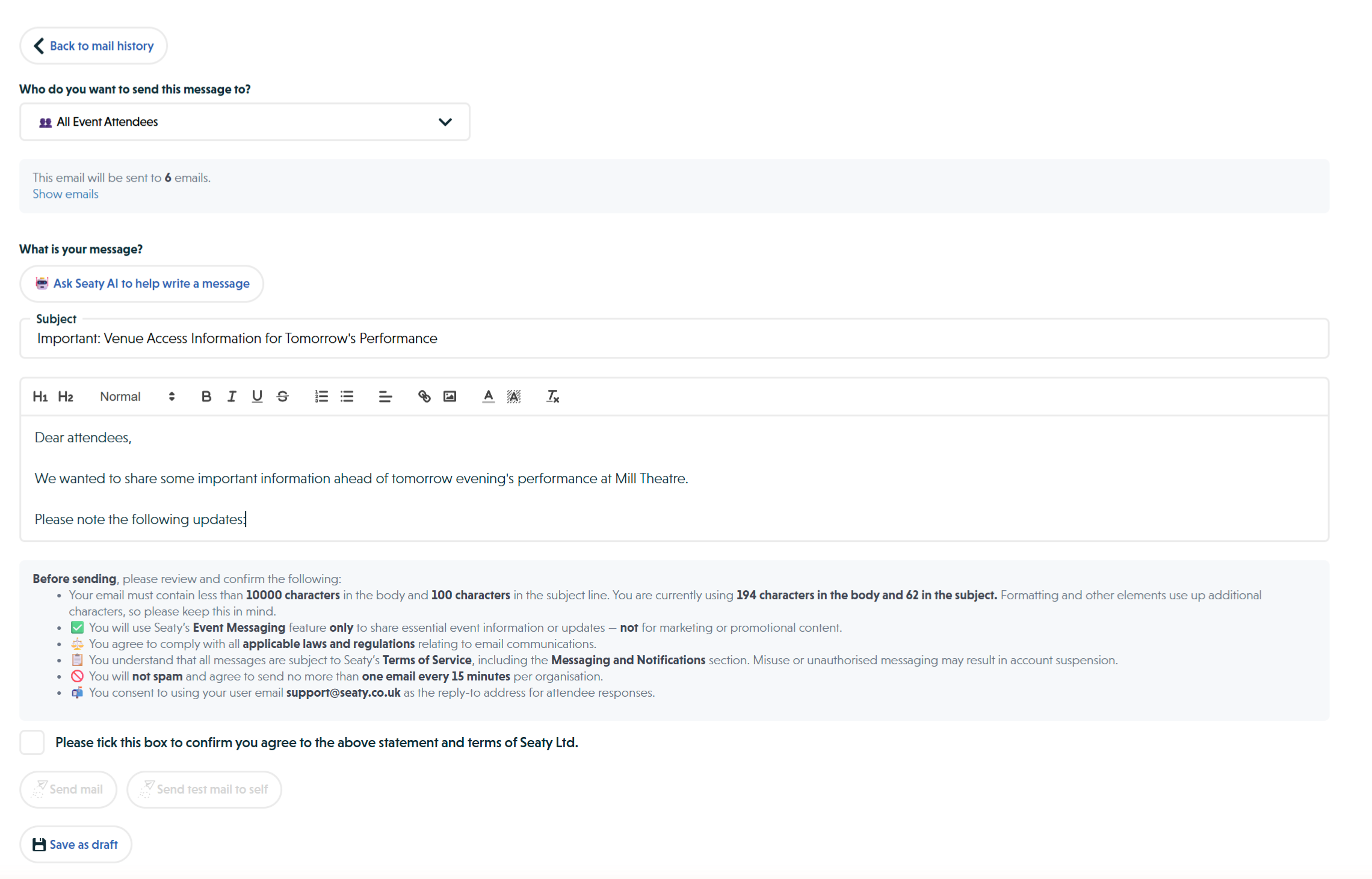 Email compose with subject, body content, and character count showing