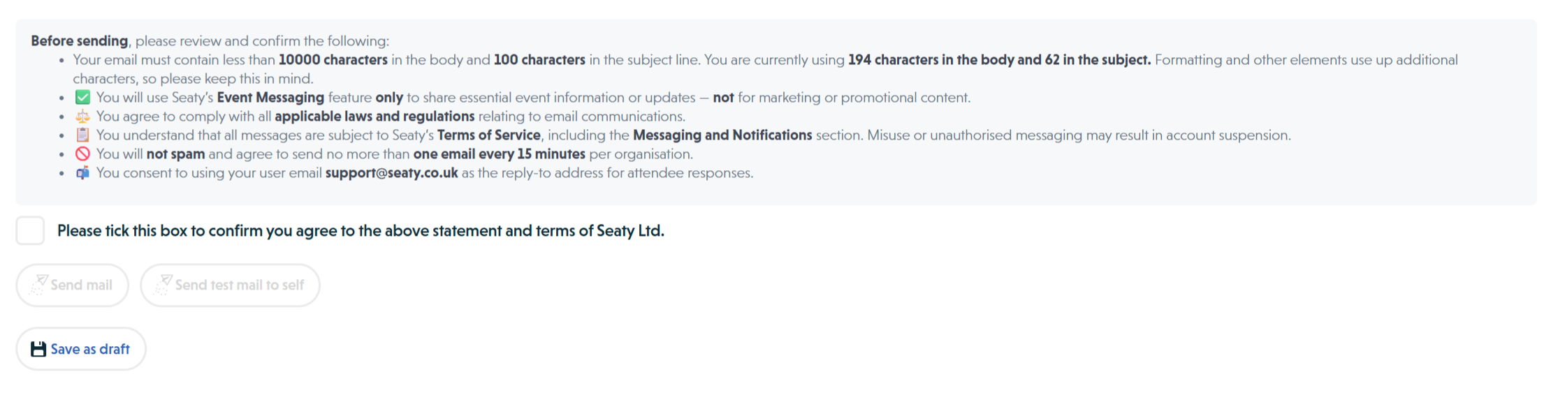 Compliance terms, confirmation checkbox, and send options