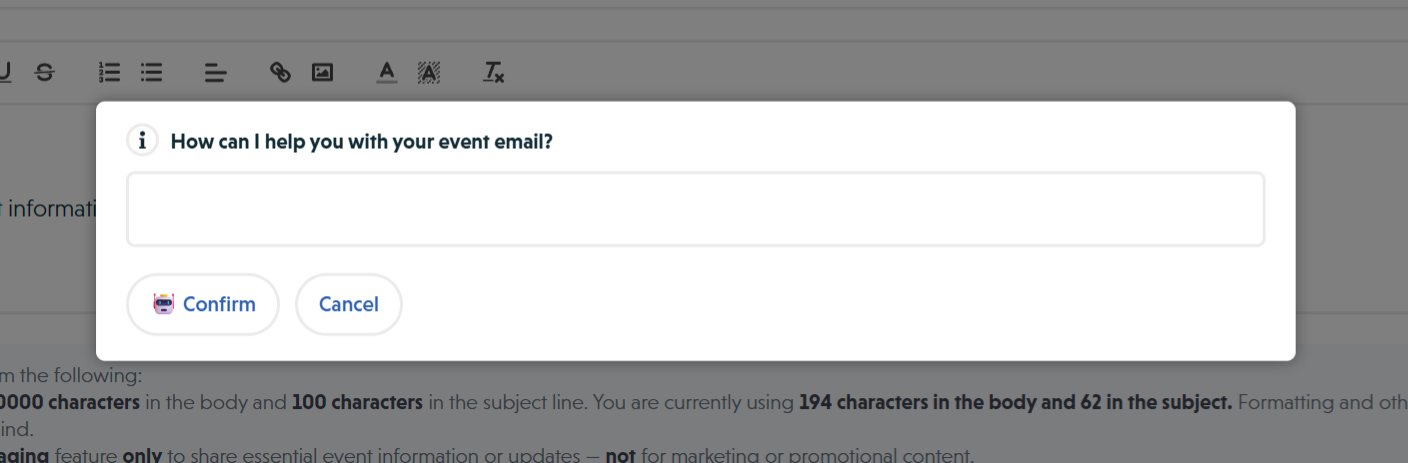 AI assistance modal showing prompt input for event email composition