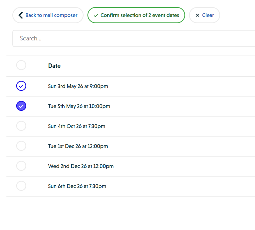 Event date selection showing checkboxes for individual performance dates