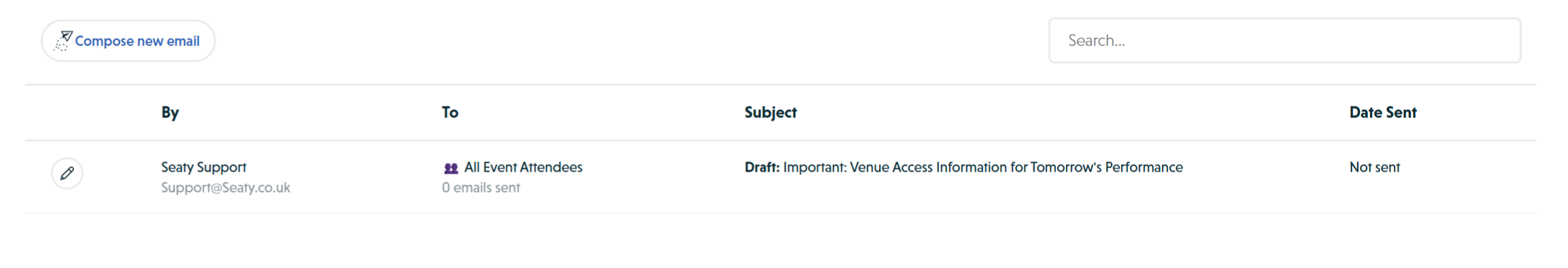 Email history showing a saved draft with Draft prefix and Not sent status