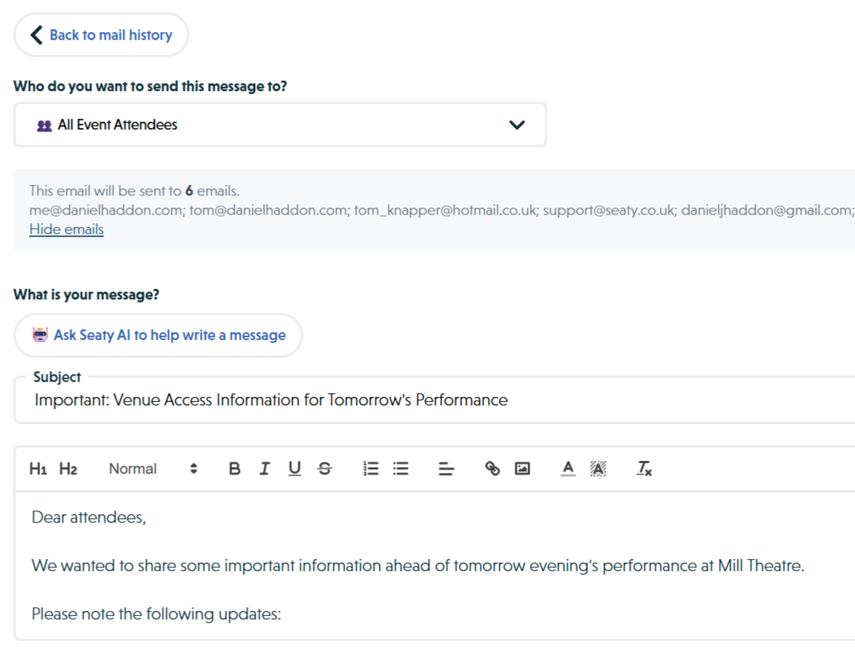 Expanded recipient list showing all email addresses that will receive the message