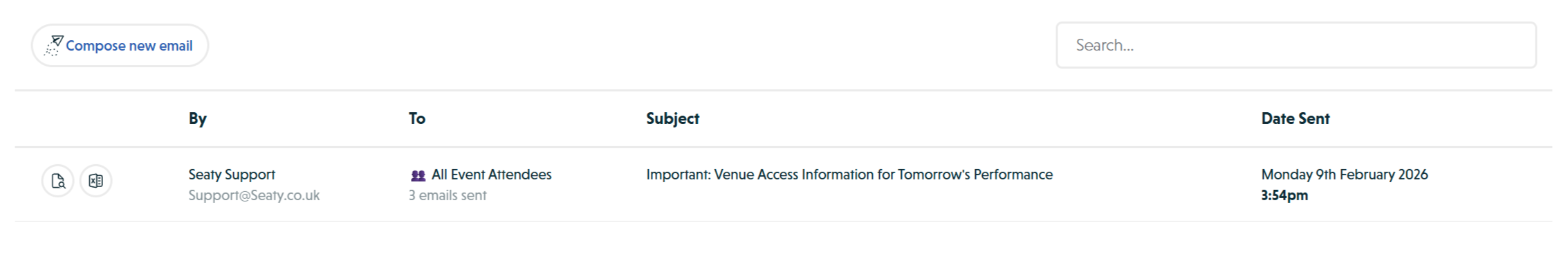 Email history showing a sent email with sender, recipients, subject, and date