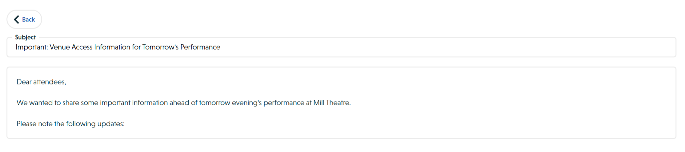 Read-only preview of a sent email showing subject and body content