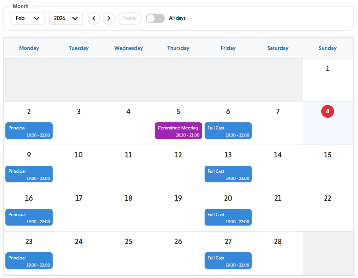 Schedule page showing event schedule