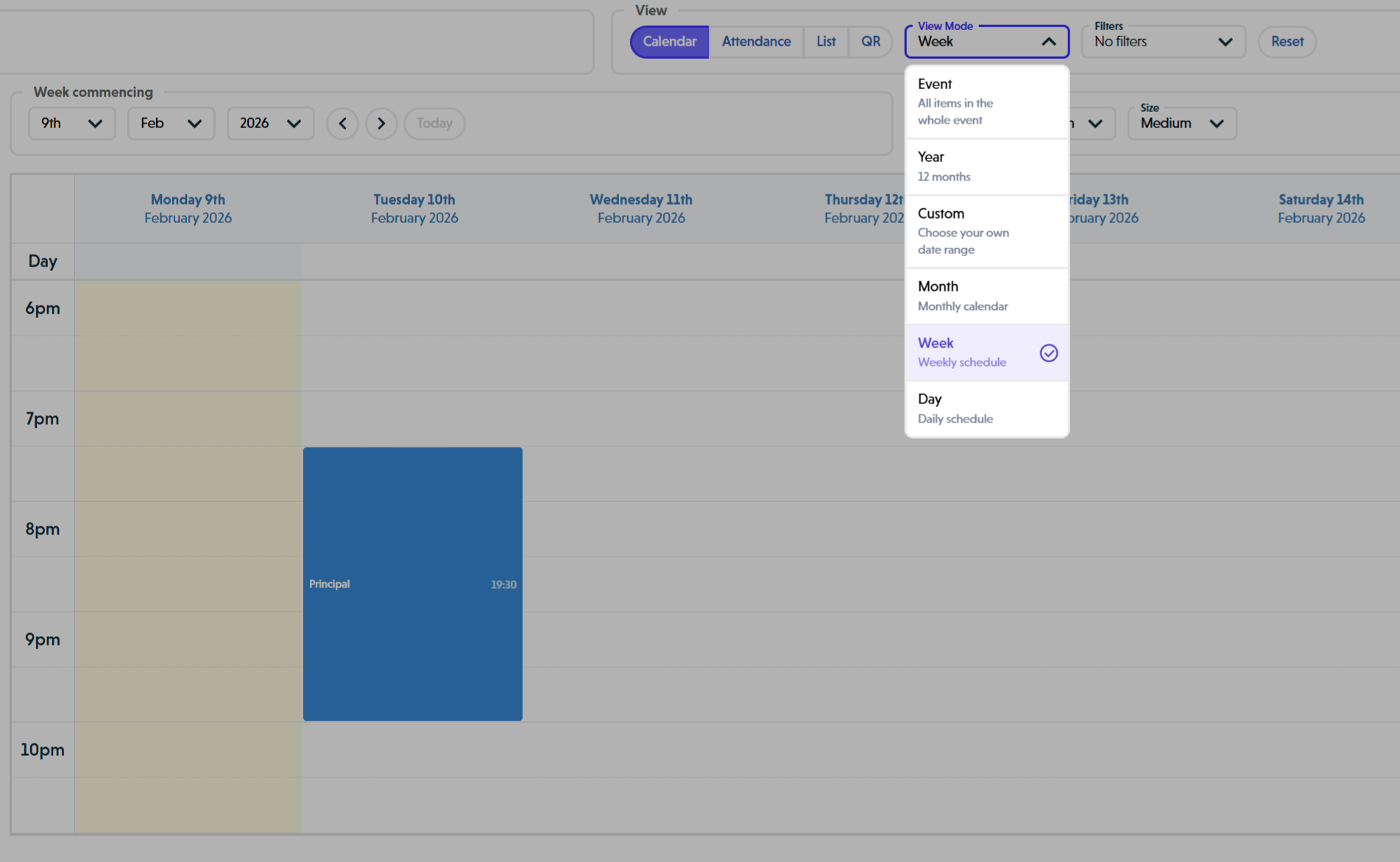 View Mode dropdown showing Event, Year, Custom, Month, Week, and Day options