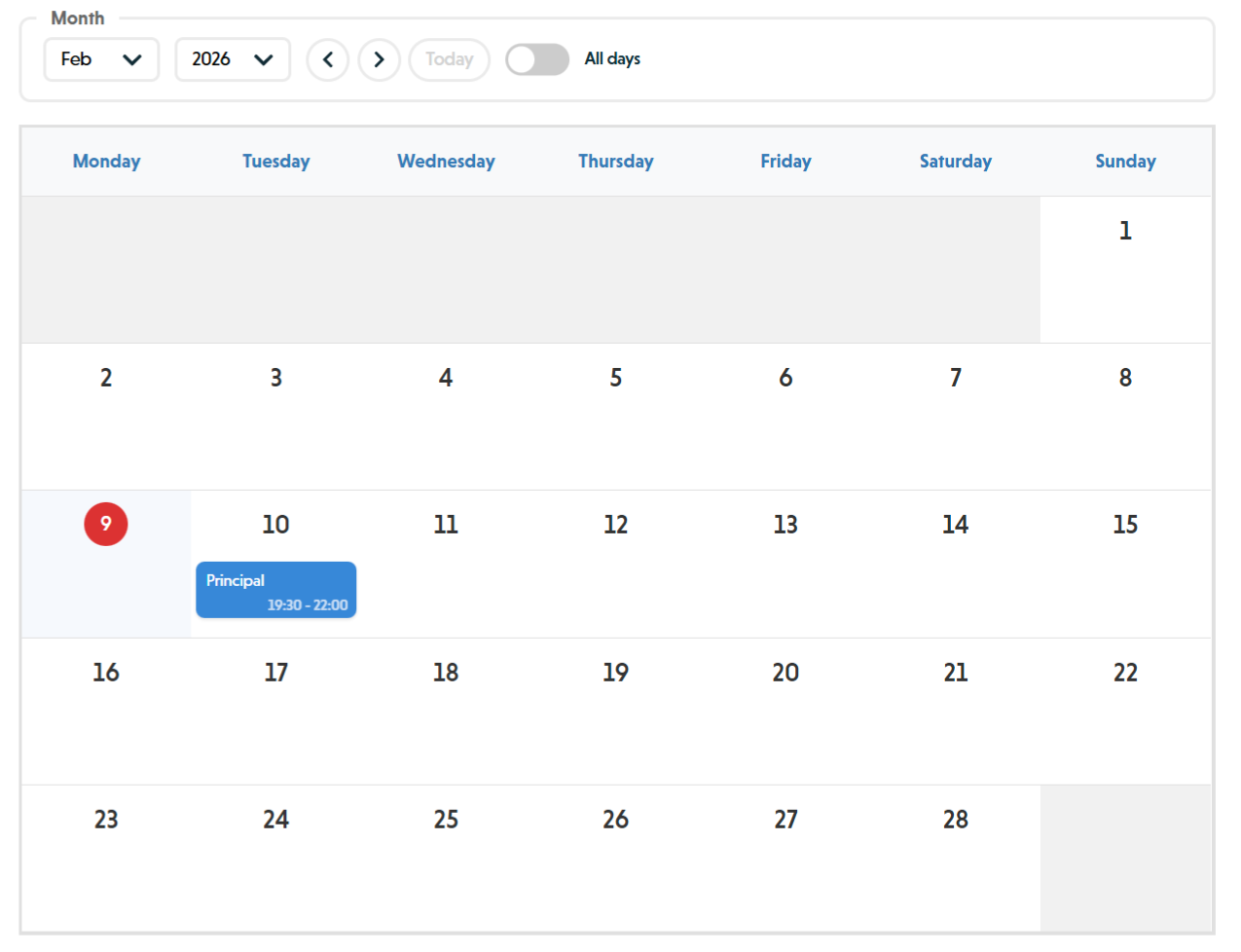 Month view calendar showing February 2026 with a Principal rehearsal on the 10th