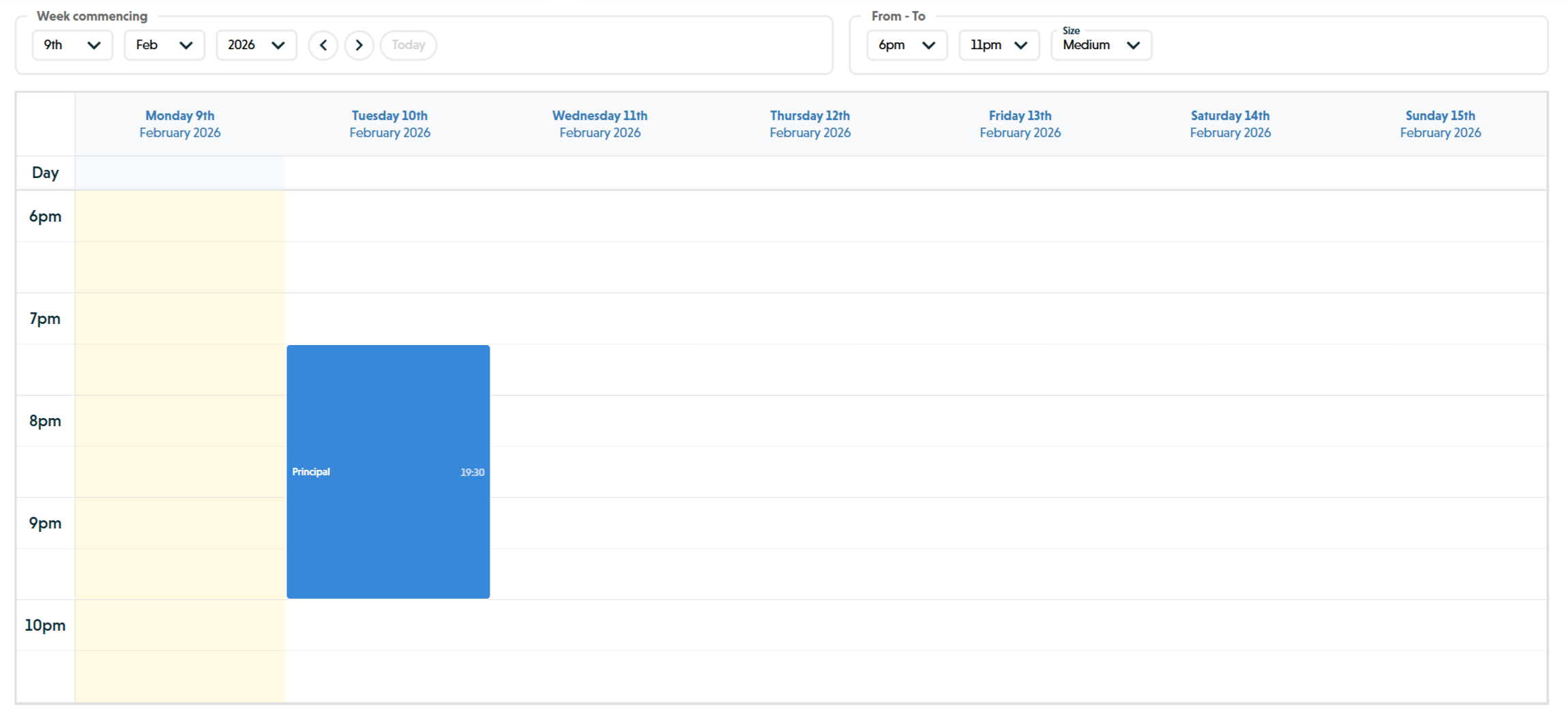 Week view showing time slots from 6pm to 11pm with a Principal rehearsal on Tuesday evening