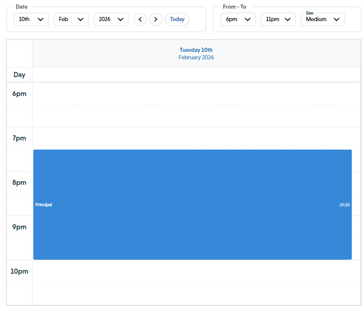 Day view showing a single day with time slots and a Principal rehearsal event block