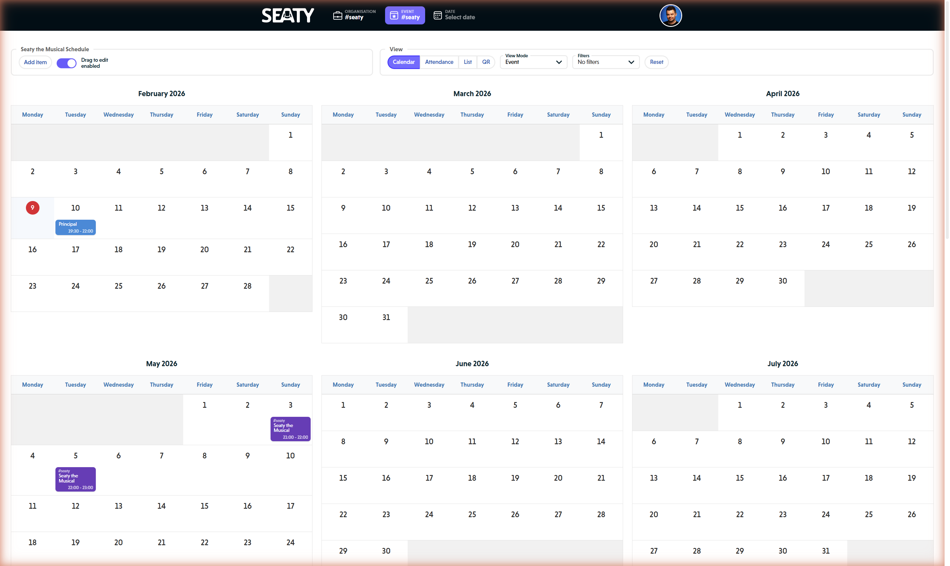 Event view showing full timeline across multiple months with schedule items and event dates