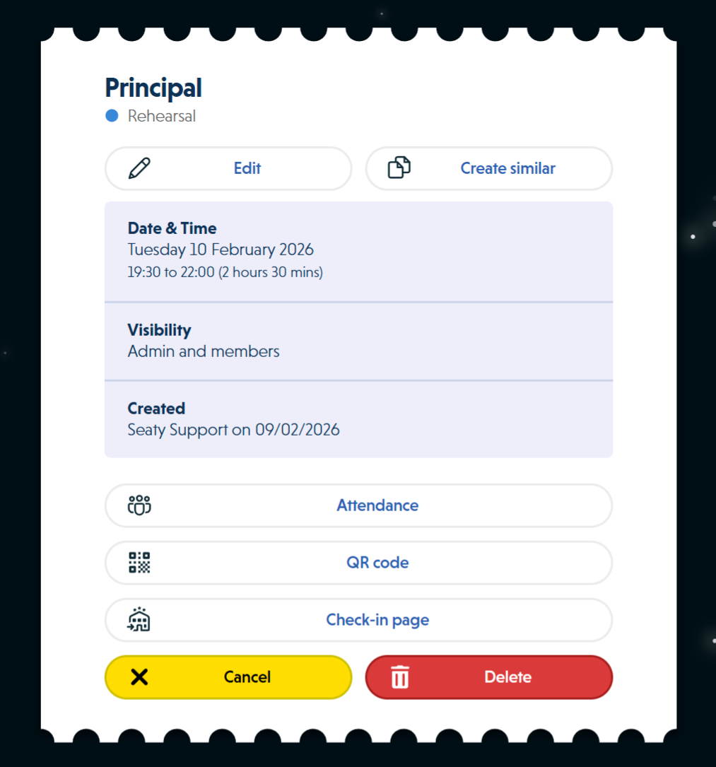 Schedule item detail modal showing title, type, date, visibility, and action buttons