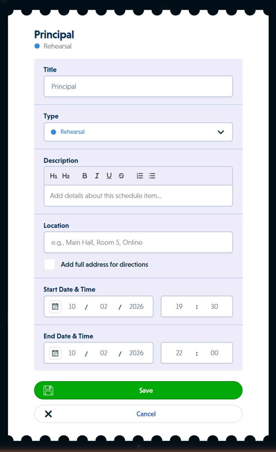 Edit form for a schedule item showing title, type, description, location, and date/time fields