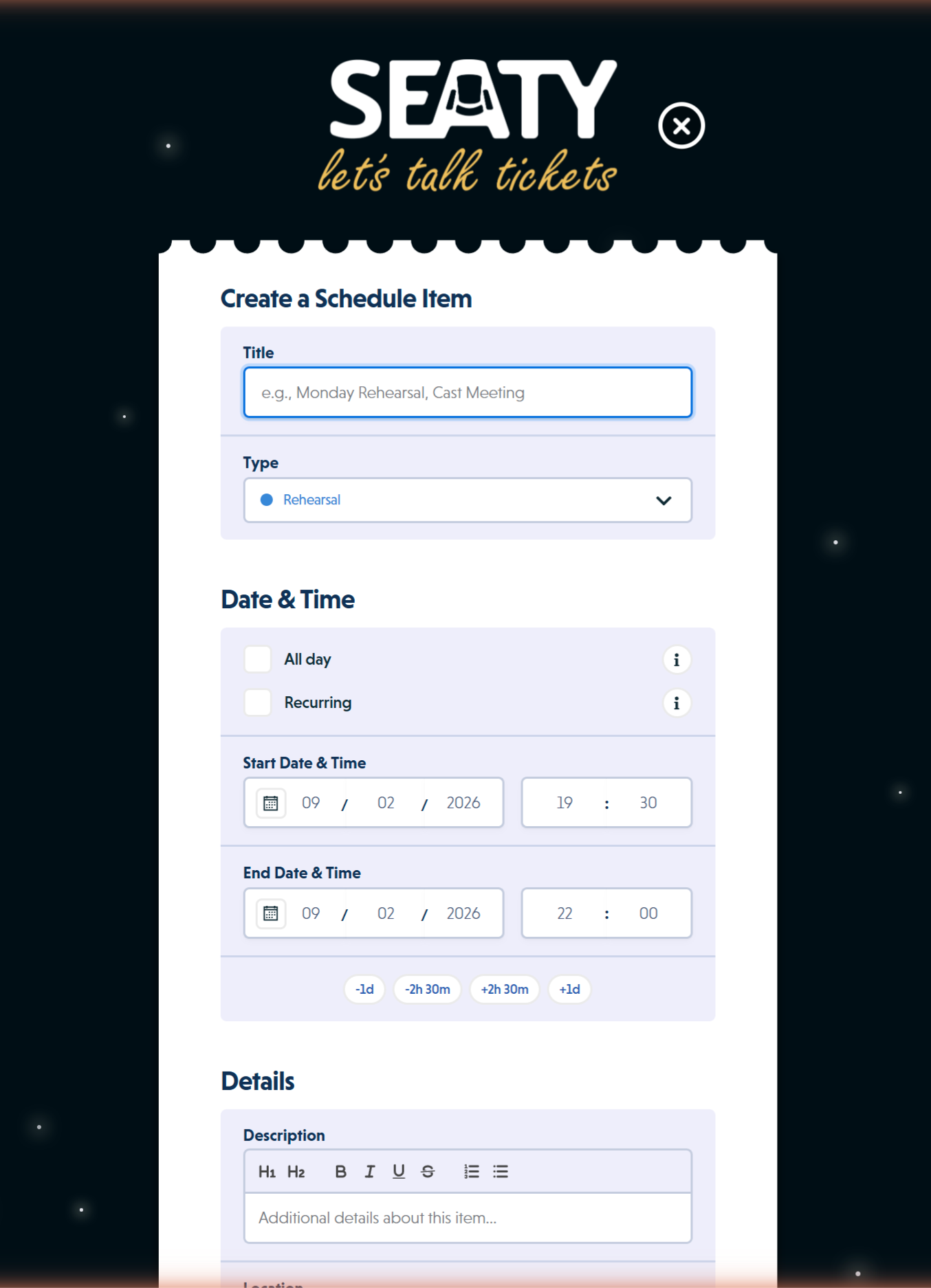Create a Schedule Item form showing title, type, date and time options, and recurring checkbox