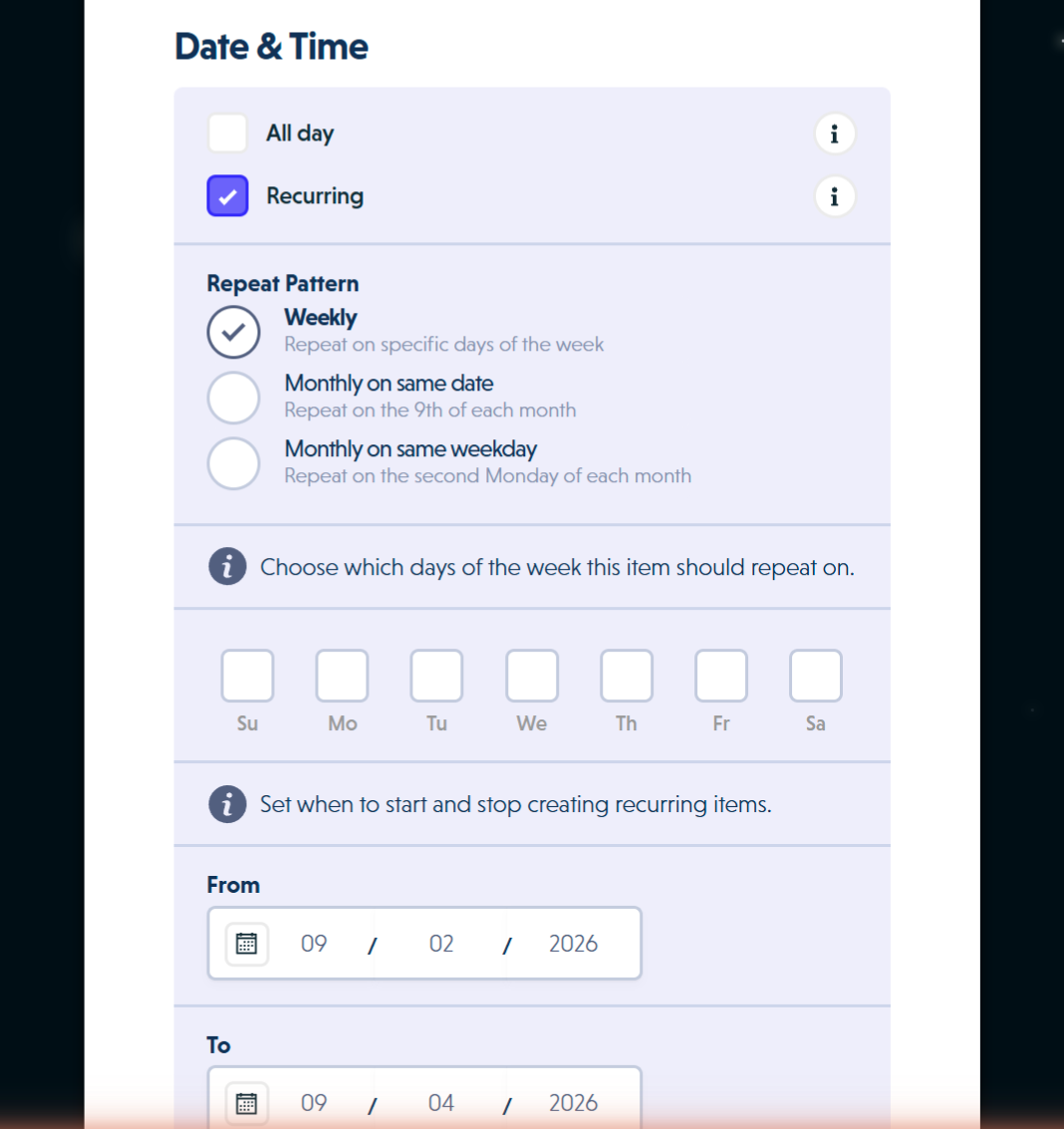 Recurring pattern options showing Weekly, Monthly on same date, and Monthly on same weekday with day-of-week selectors