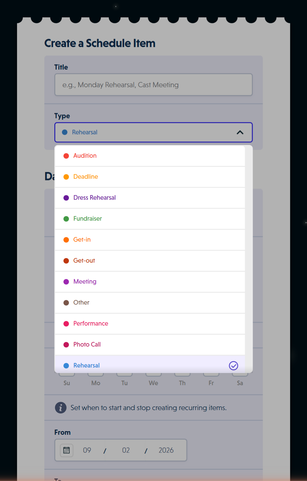 Schedule item type dropdown showing all available types with colour coding