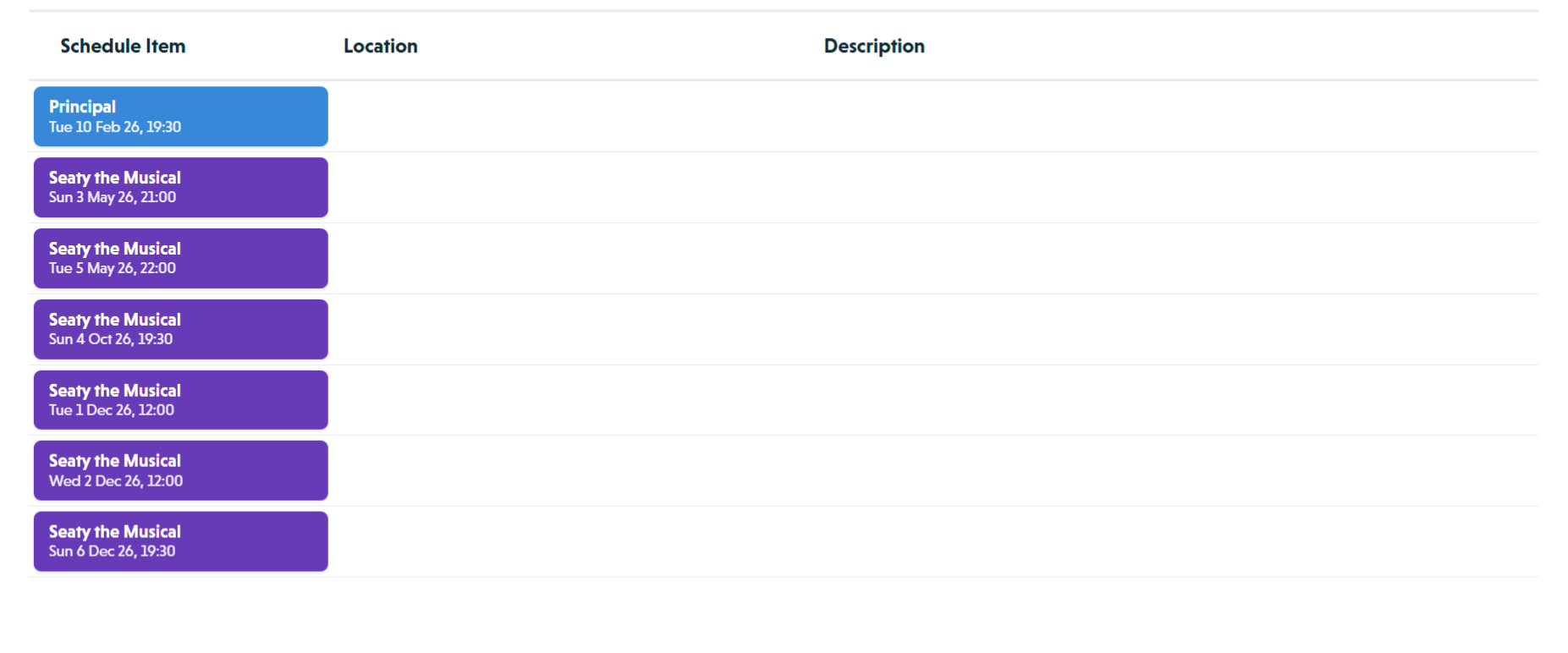 List view showing all schedule items in a table with columns for title, location, and description