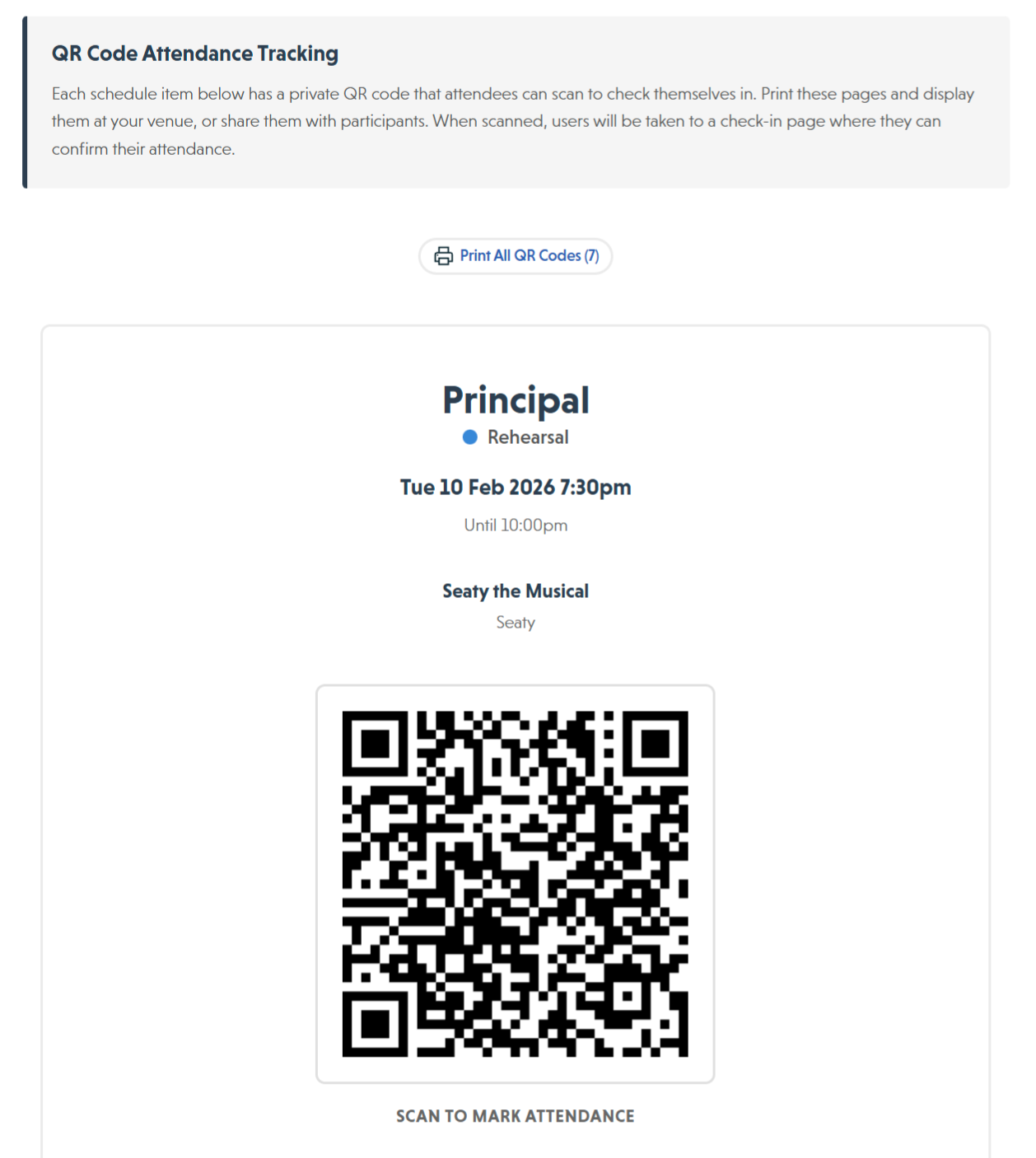 QR code attendance tracking page showing a scannable QR code for a schedule item