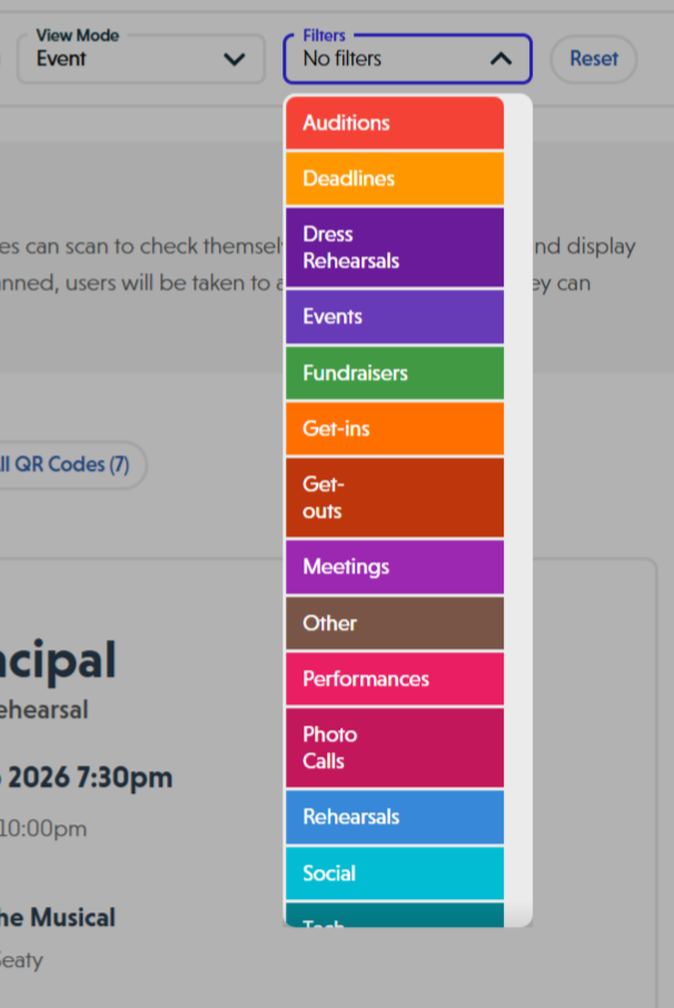 Filters dropdown showing colour-coded type options for filtering schedule items