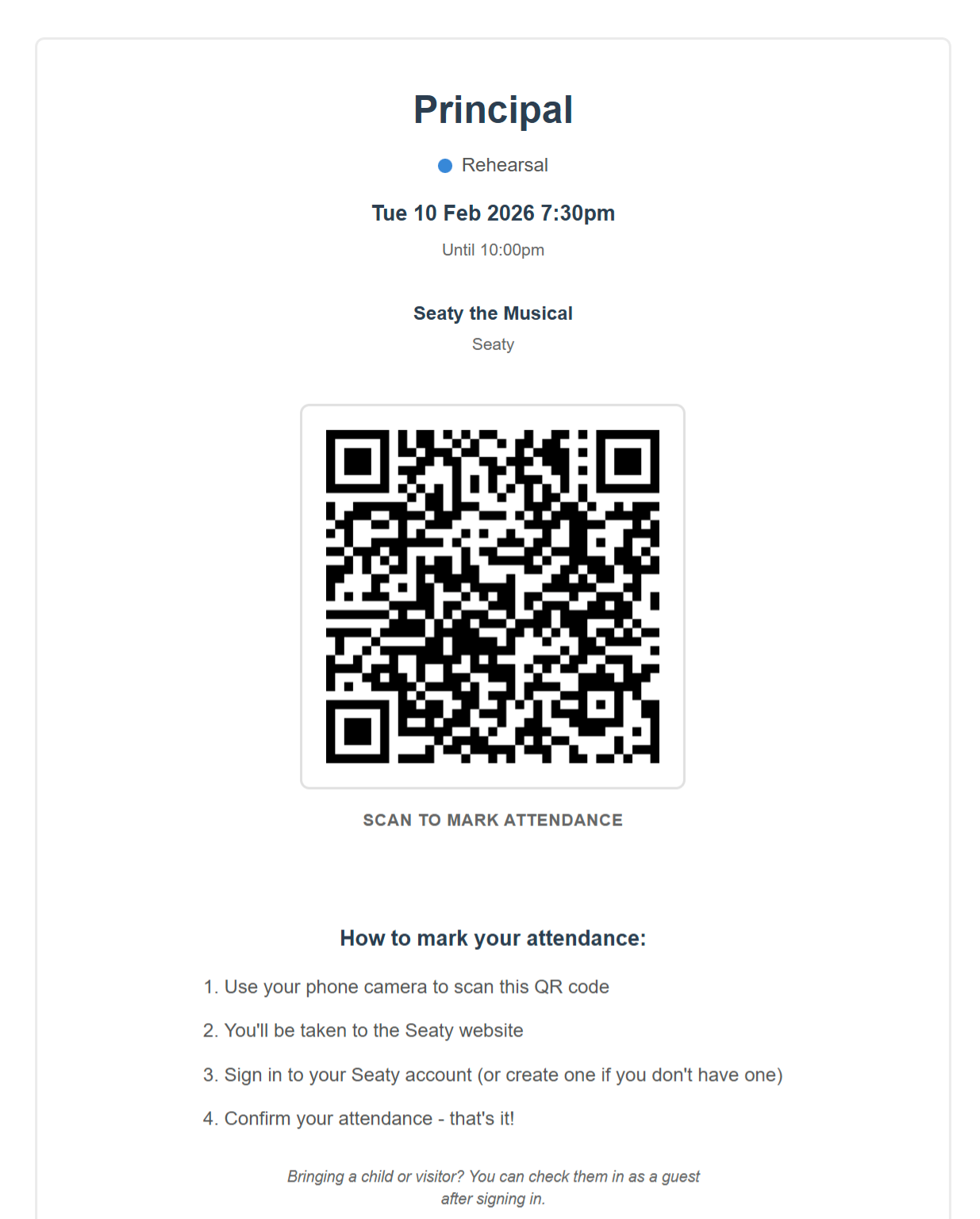 QR code page for a schedule item showing scannable code and attendance instructions
