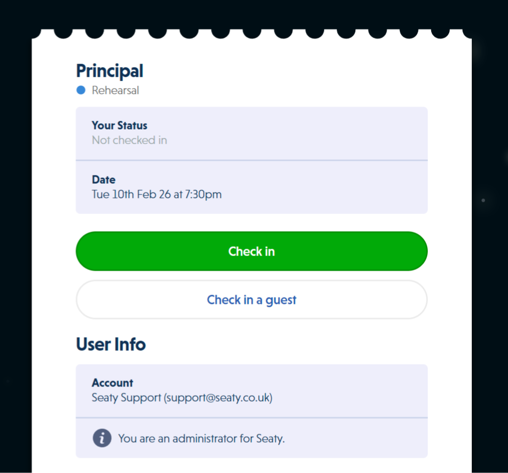 Check-in page showing attendance status, check-in button, and user information