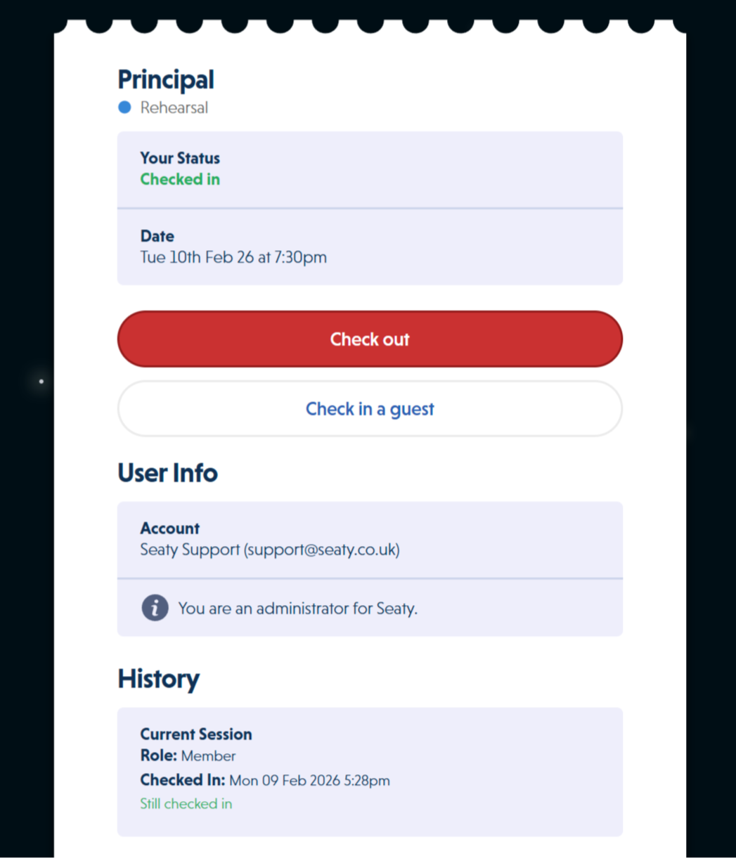 Checked in state showing green status, check-out button, and session history with timestamps