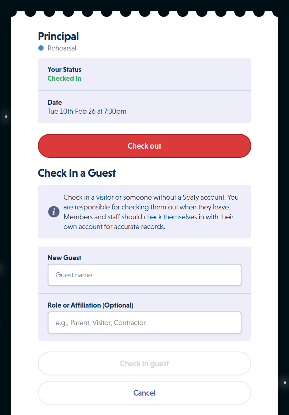 Guest check-in form showing name field, role or affiliation field, and explanatory text