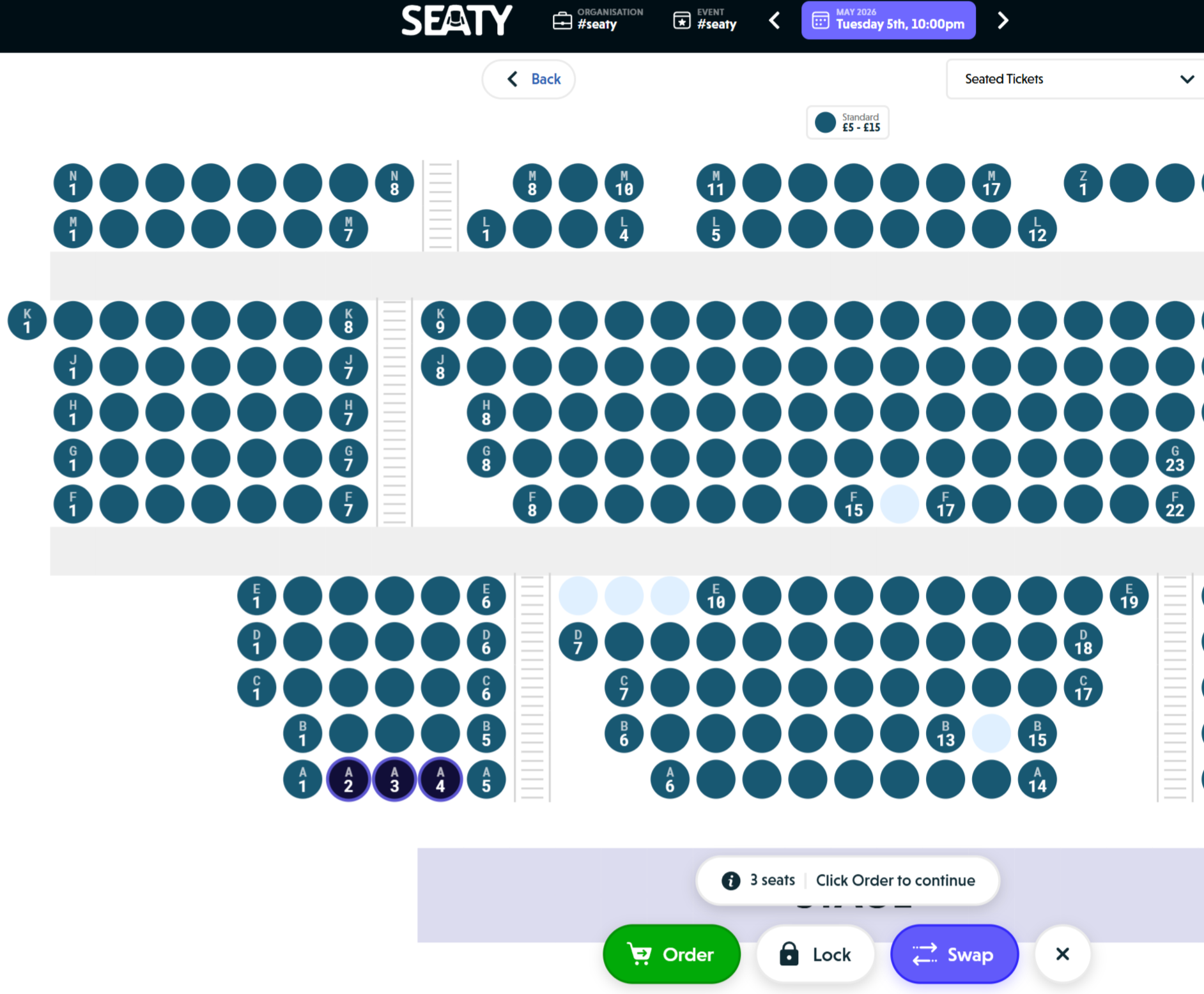 Seating plan with seats selected showing the admin toolbar