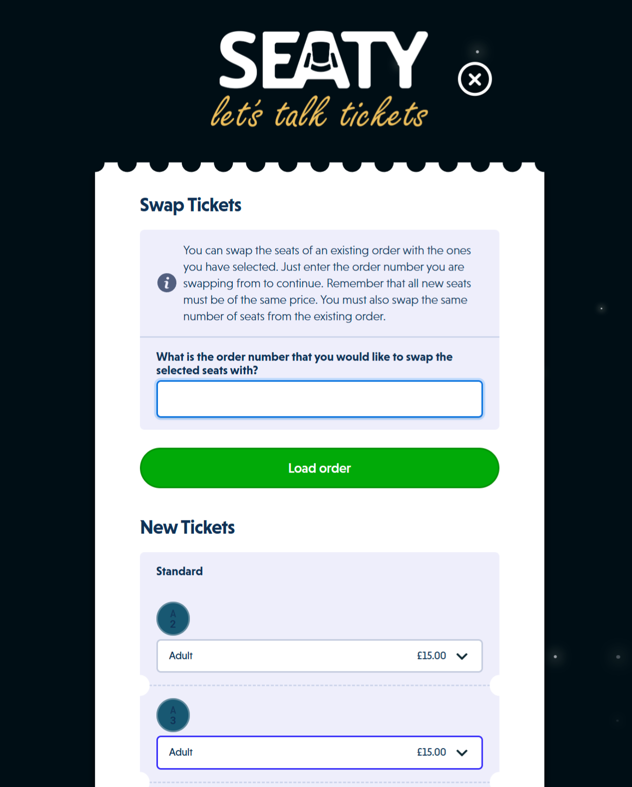 Swap Tickets modal showing order number input and new ticket assignments