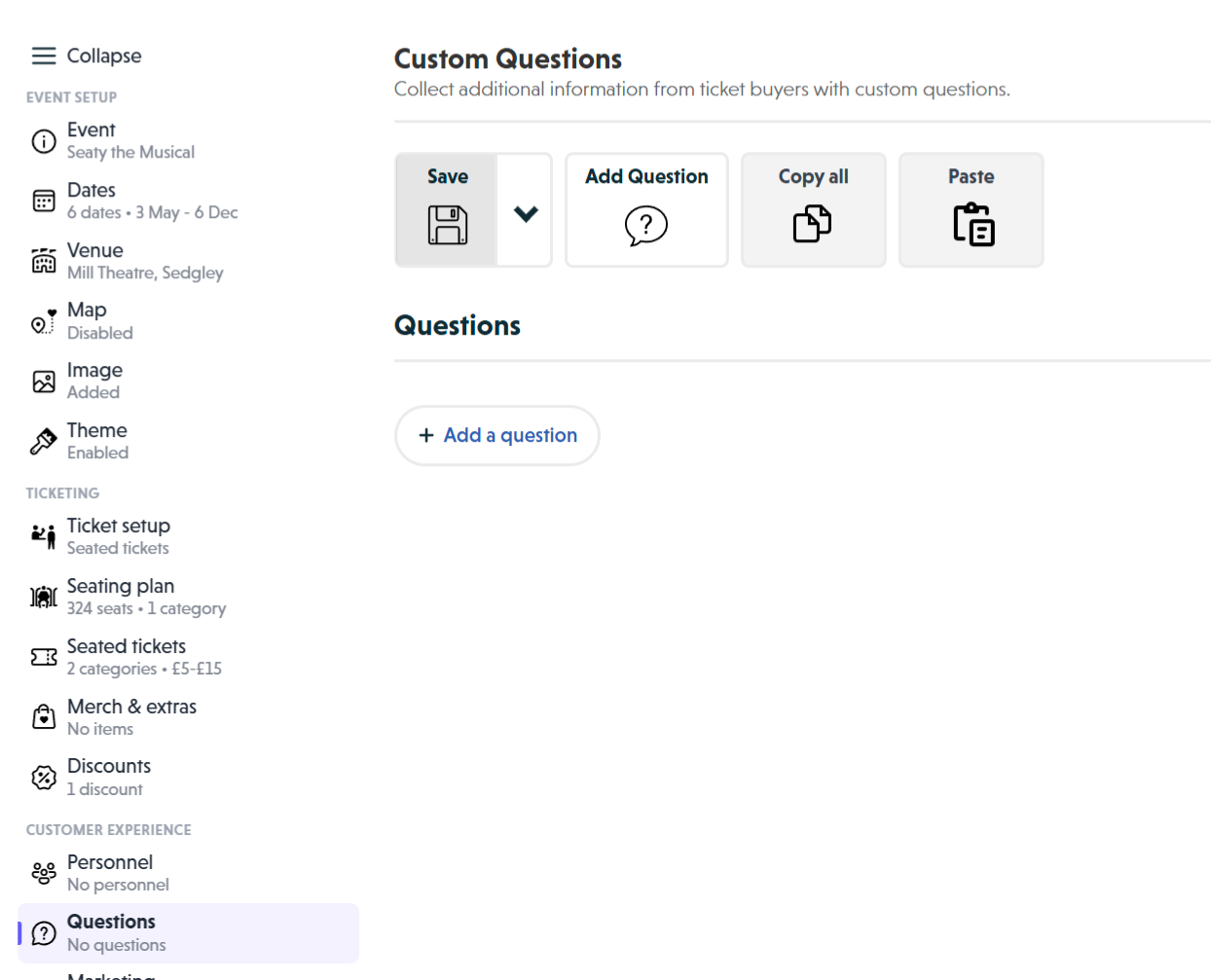 The Custom Questions editor with no questions added, showing the empty state with the toolbar and Add a question button