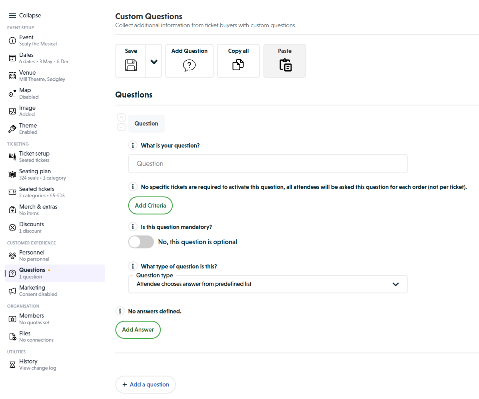 A newly added question expanded for editing, showing the question name field, criteria info, required toggle, question type selector, and answer options