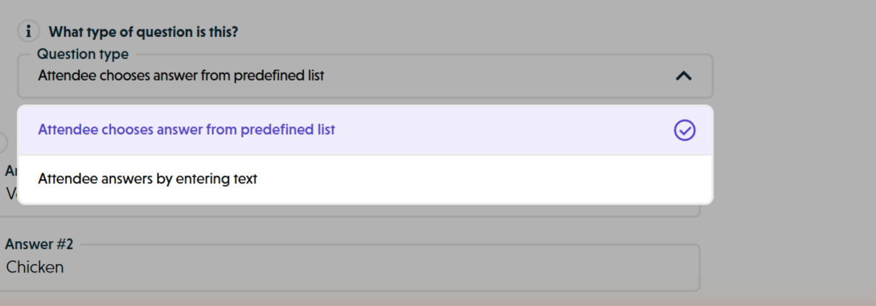 The question type dropdown open showing the available options