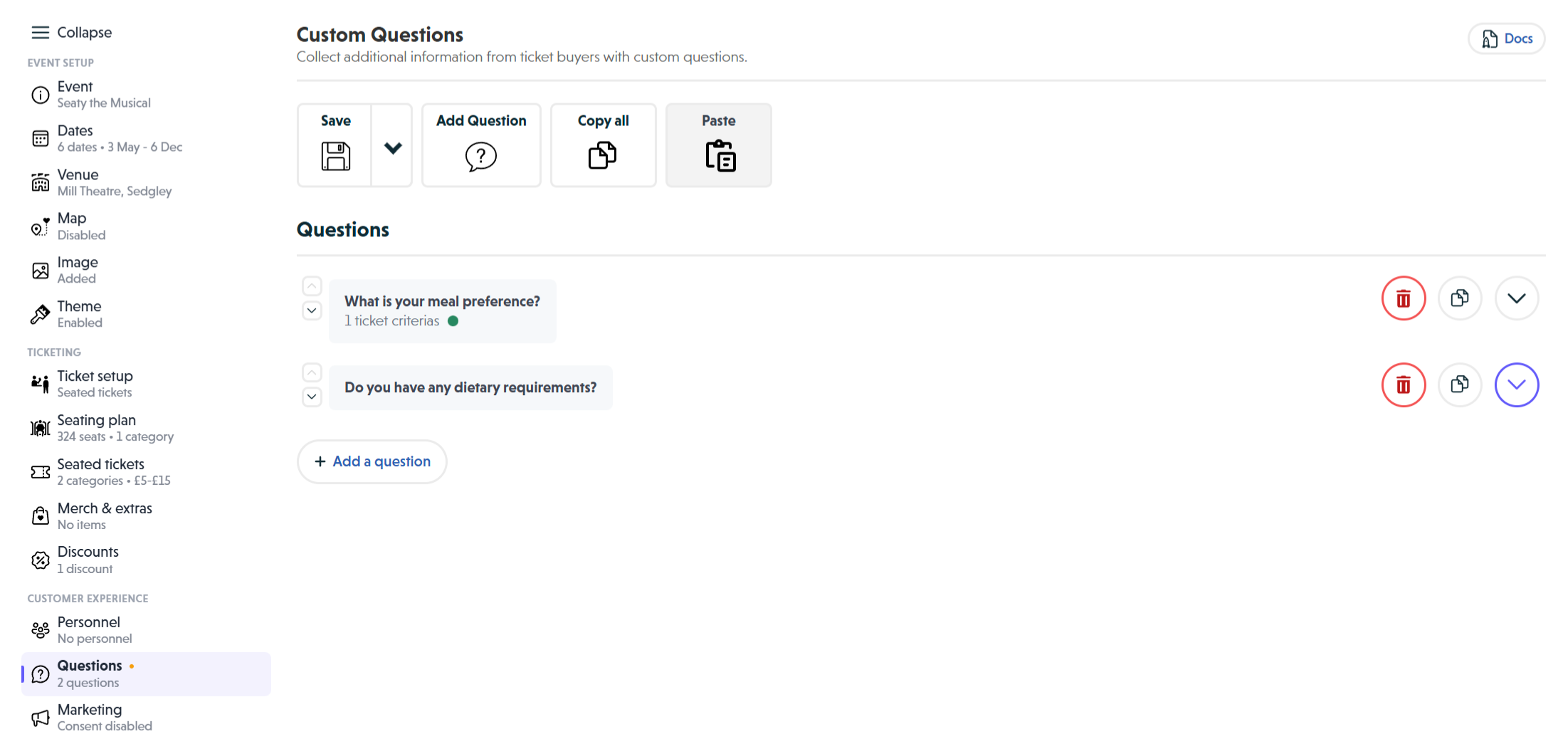 The Custom Questions editor showing the toolbar with Save, Add Question, Copy all and Paste buttons, and two configured questions in collapsed view