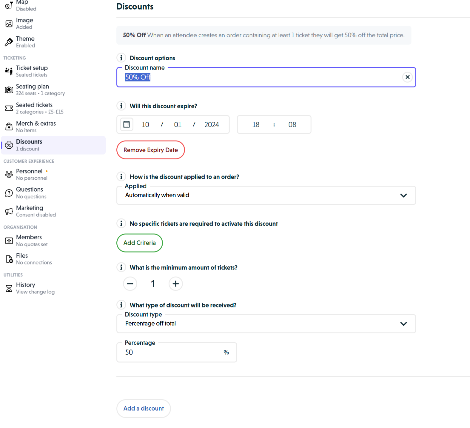 The lower portion of the discount form showing the criteria section, minimum ticket counter with minus and plus buttons, discount type dropdown set to Percentage off total, and the percentage input field with value 50%