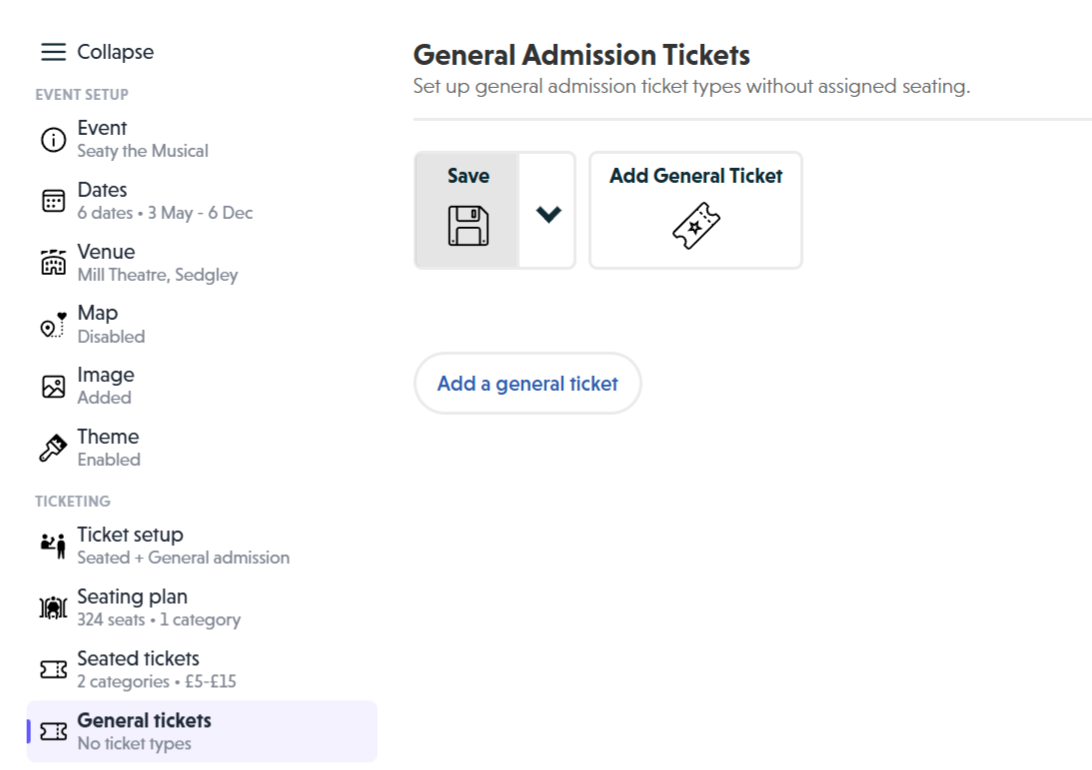 General Tickets overview showing the empty state with Add General Ticket toolbar button
