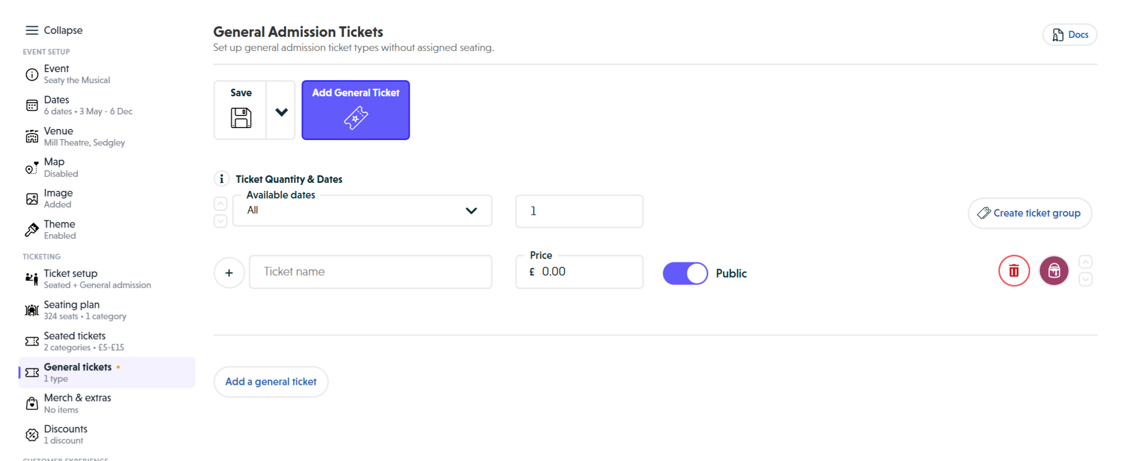 General ticket form showing Ticket Quantity and Dates header, Available dates dropdown, Quantity field, Create ticket group button, and category row with name, price, public/private toggle, colour picker, and delete button
