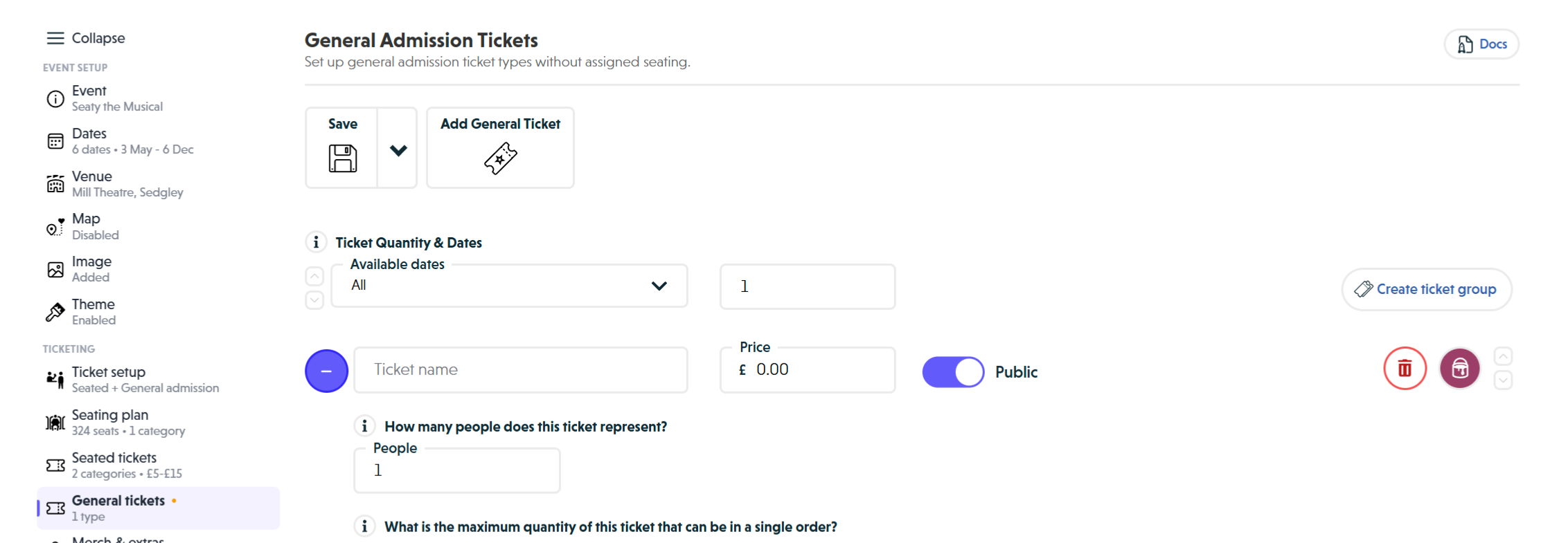Expanded ticket category showing People field, Limit per order, Minimum per order, Hide pricing toggle, and Additional Information textarea