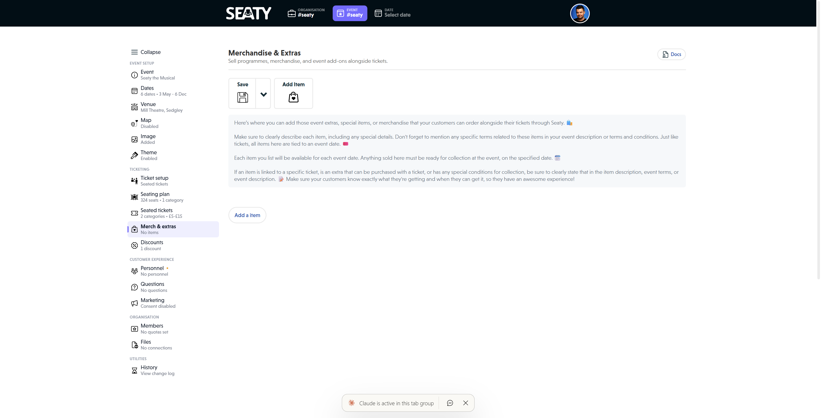 The Merchandise and Extras editor showing the toolbar with Save and Add Item buttons, information text about items and collection, and the Add a item button in the empty state