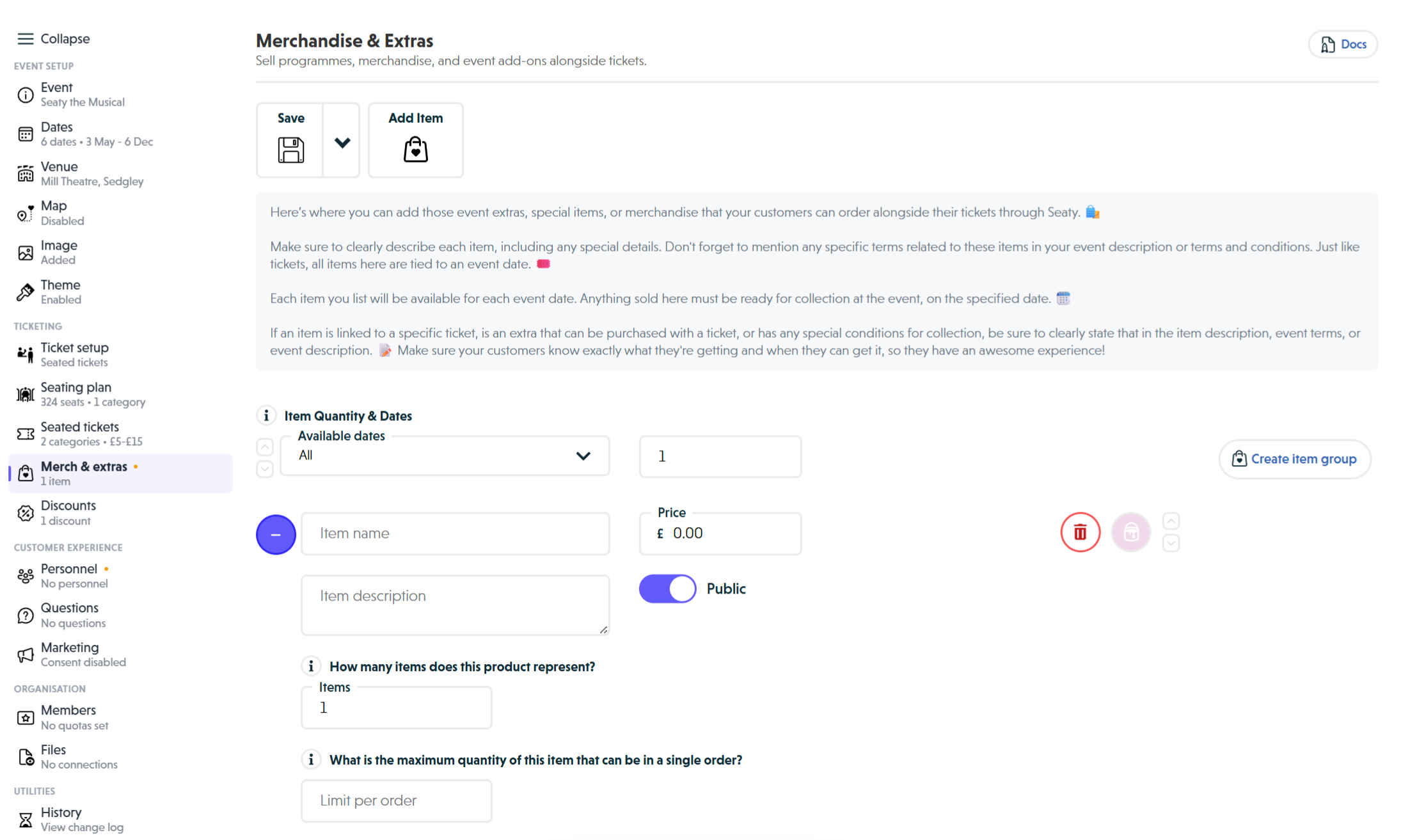 The expanded advanced settings showing Items count field, maximum quantity Limit per order field, and minimum quantity Minimum per order field for detailed merchandise configuration