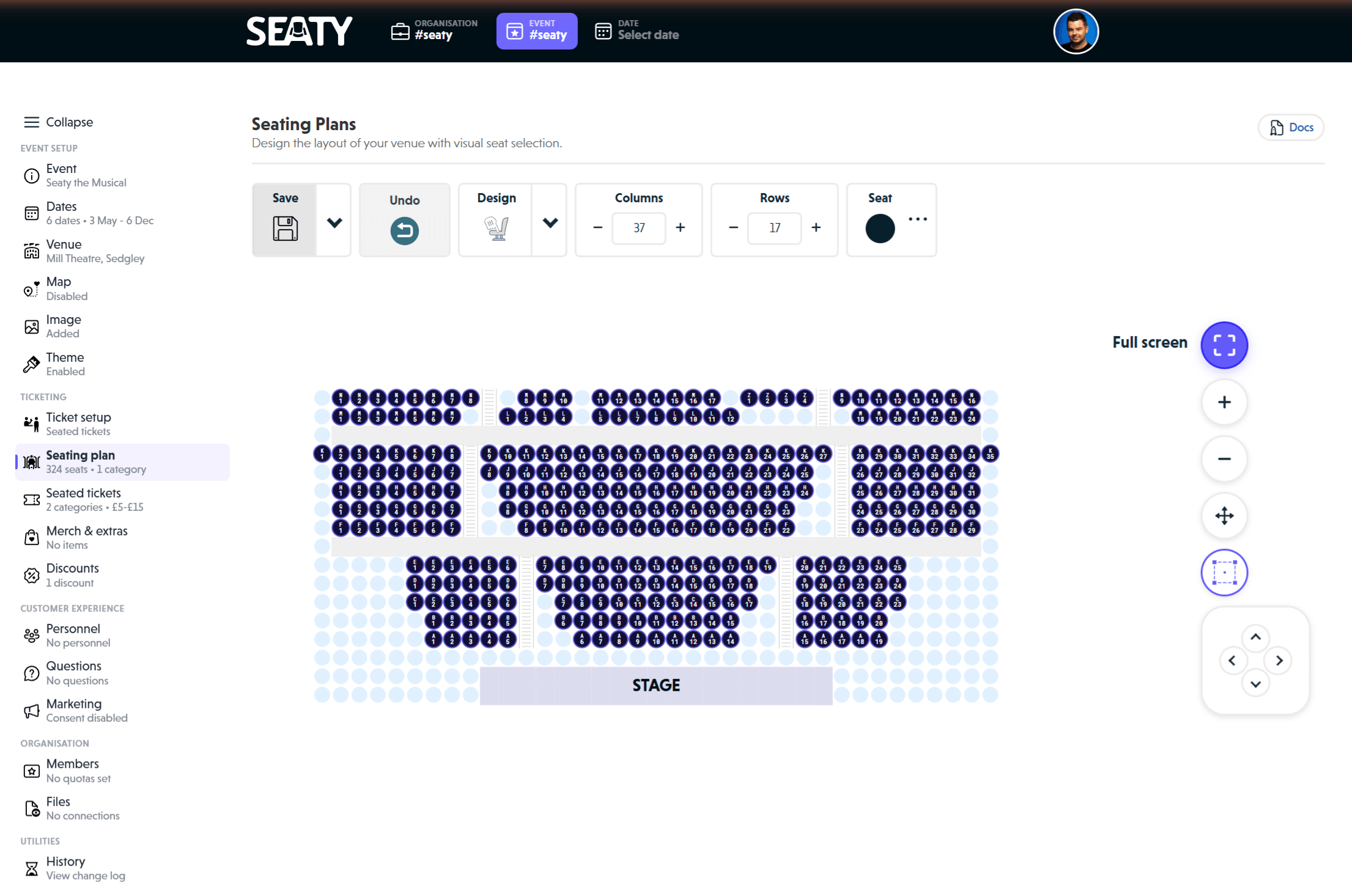 The seating plan editor showing the sidebar, toolbar, canvas, and Full screen button on the right