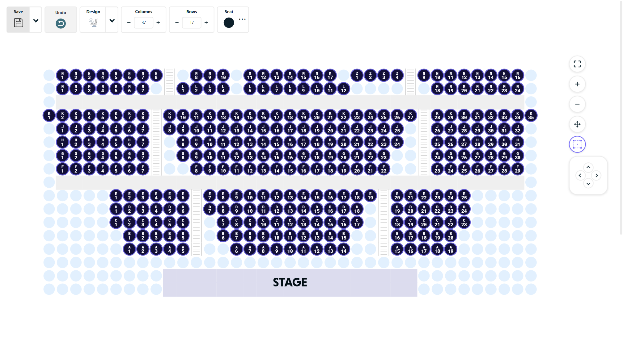 The seating plan editor in full-screen Design mode showing a theatre layout with stage, seats, and the toolbar with Columns, Rows, and Seat element controls